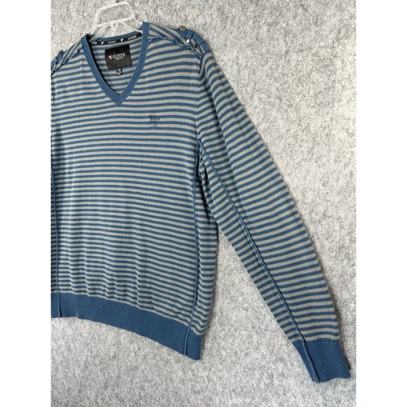 Vintage Guess USA Striped Knit Sweater V-Neck Y2K Streetwear Blue Size 2XL - Picture 2 of 12